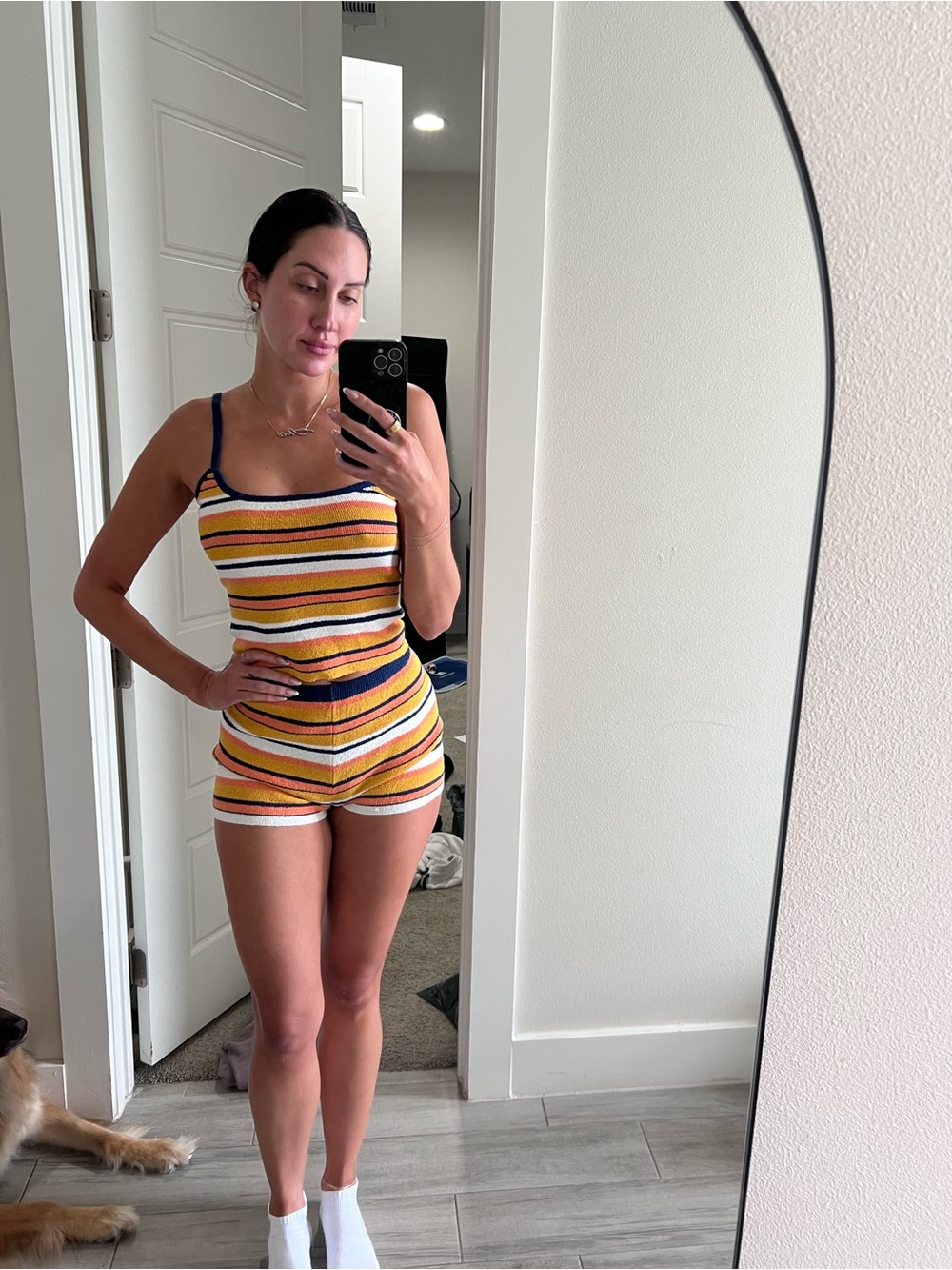 Striped Knit Tank & Short Set in Yellow Navy White